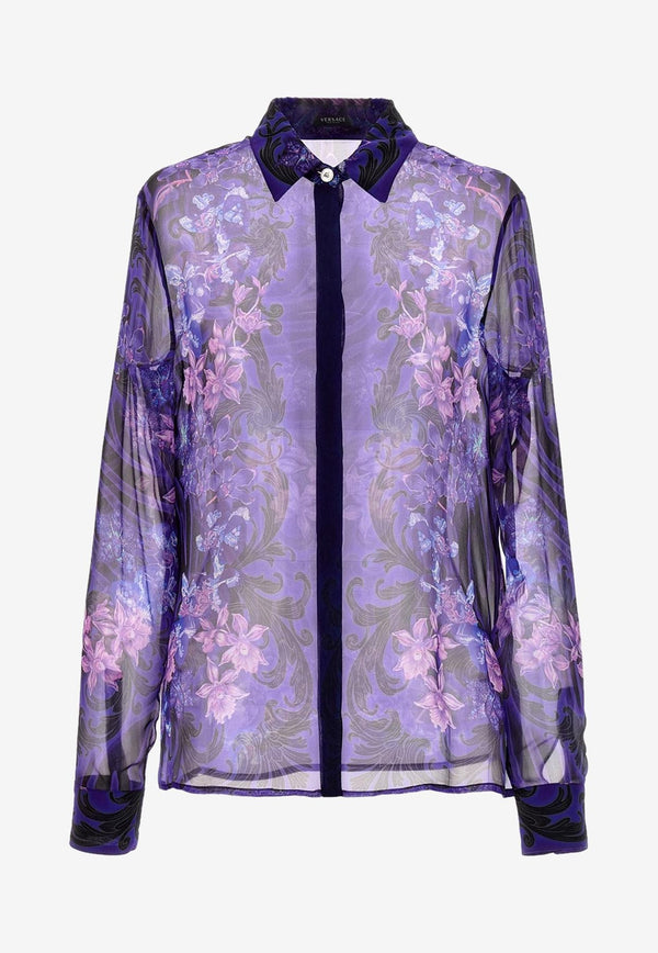 Versace Orchid Barocco Print Sheer Silk Shirt 1008228 1A07392 5BA60 Purple