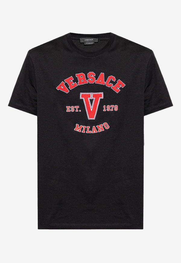 Versace Logo Embroidered Crewneck T-shirt 1008480 1A06062 1B000 Black