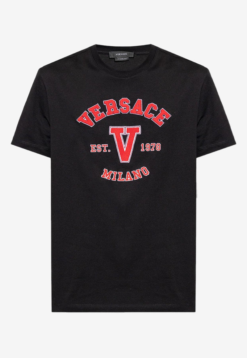 Versace Logo Embroidered Crewneck T-shirt 1008480 1A06062 1B000 Black