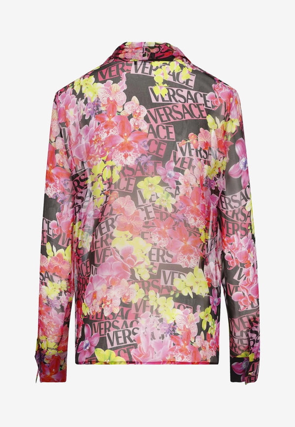 Versace Logo Orchid Print Silk Shirt 1008795 1A06539 5B100 Multicolor