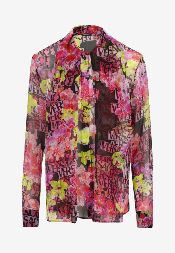 Versace Logo Orchid Print Silk Shirt 1008795 1A06539 5B100 Multicolor