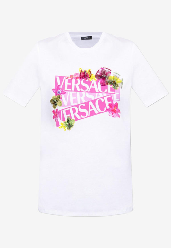 Versace Logo Floral Appliqué T-shirt 1009082 1A06528 1W000 White