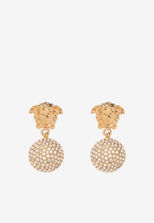 Versace Crystal Embellished Medusa Drop Earrings 1009252 1A00621 4J090 Gold