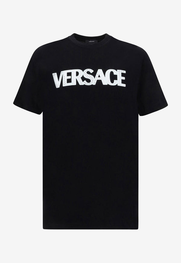 Versace Logo Embroidered Short-Sleeved T-shirt 1009321 1A06781 1B000 Black