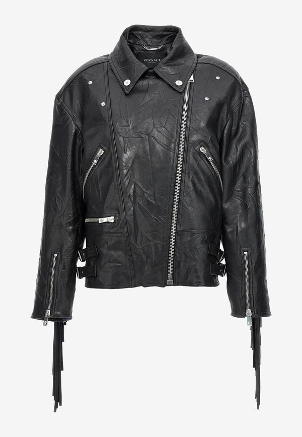Versace Fringed Leather Jacket 1009503 1A07324 1B000 Black