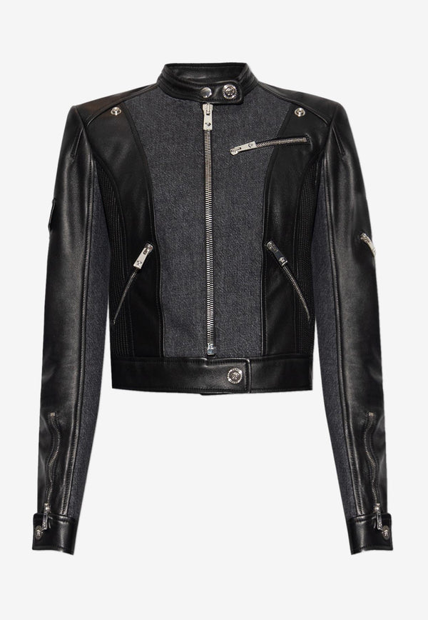Versace Biker Jacket in Denim and Leather 1010061 1A07302 2B050 Black