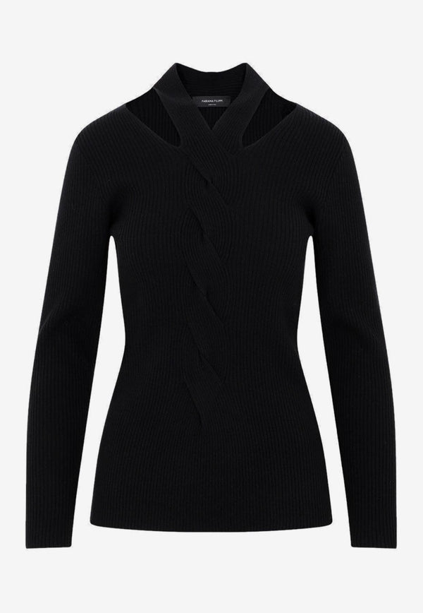 Rib Knit Wool Blend Sweater with Cut-Out Detail