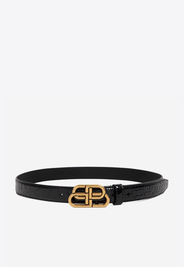 BB Buckle Thin Belt in Croc-Embossed Leather