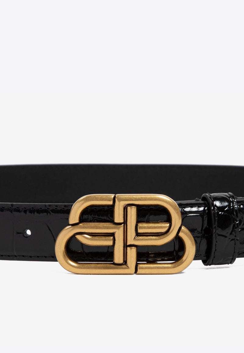 BB Buckle Thin Belt in Croc-Embossed Leather