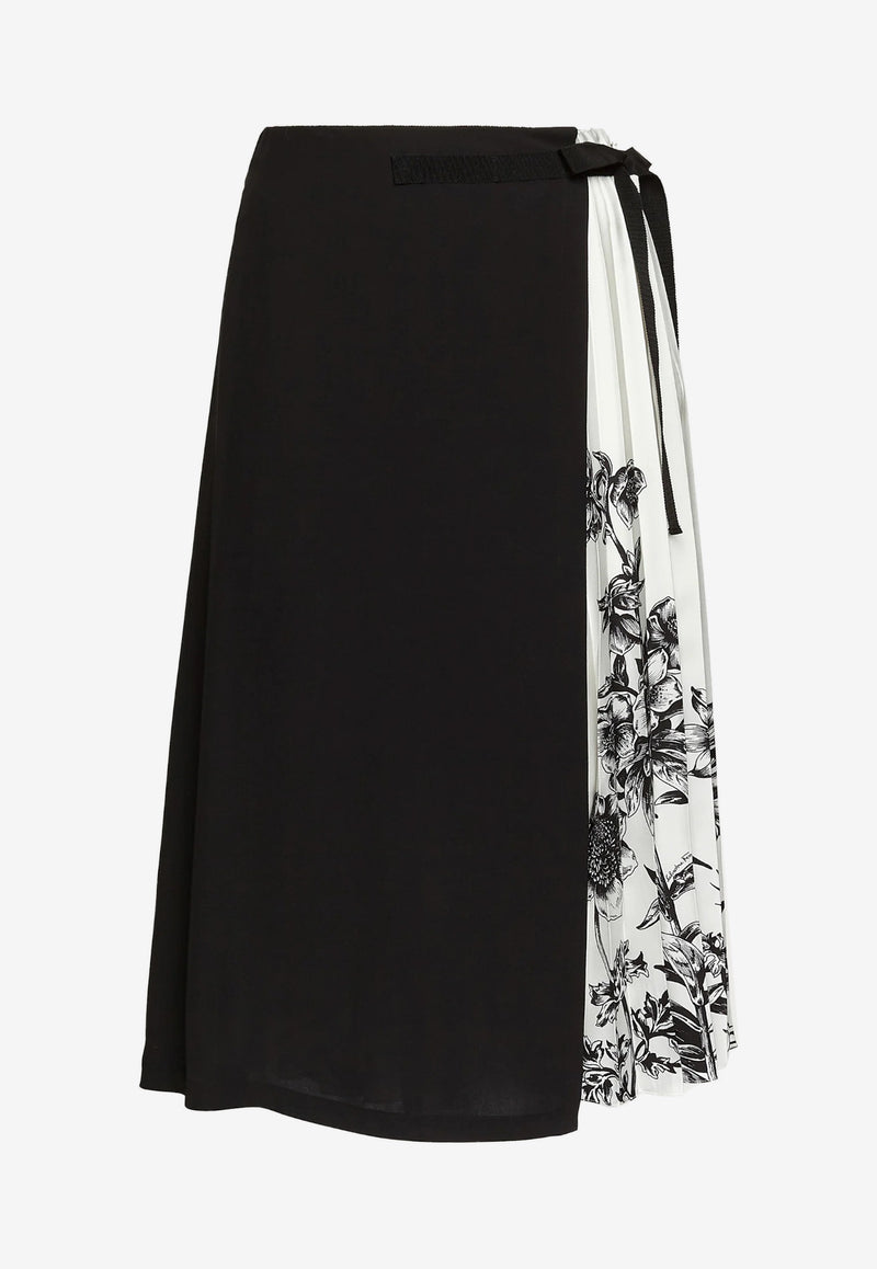 Salvatore Ferragamo Black Printed Pleated Midi Skirt in Silk Twill 132896 S 746466