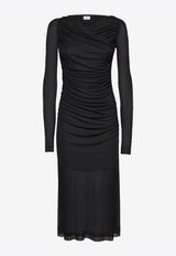 Salvatore Ferragamo Ruched Sheer Midi Dress Black 135251 A 750759 BLACK