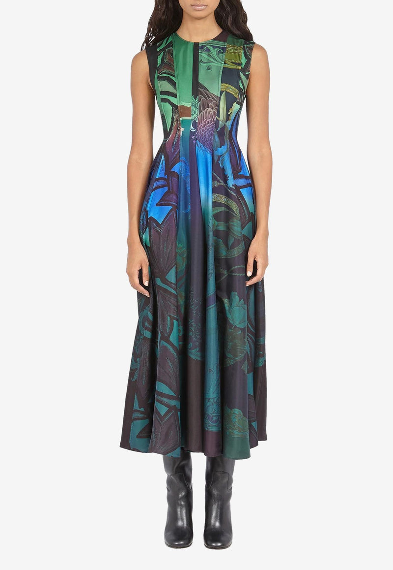 Salvatore Ferragamo Hand-Printed Silk  Midi Dress Multicolor 13A753 A 759800 TONI PLUM