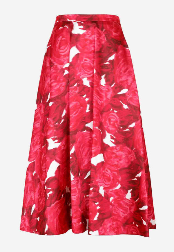 Rose Print Midi Flared Skirt