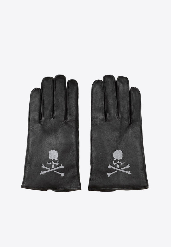 Skull-Embroidered Leather Gloves