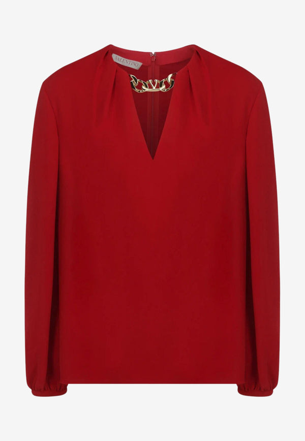 Valentino V-neck Cady Couture Blouse with VLogo Chain Red 1B3AE7551MM 157