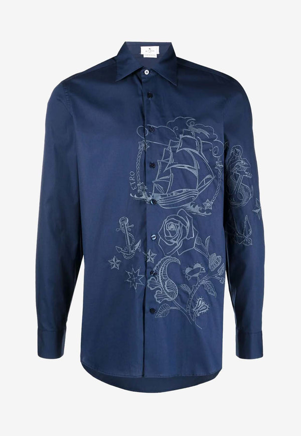Etro Rose Print Button-Up Shirt Navy 1K094-7138 0200