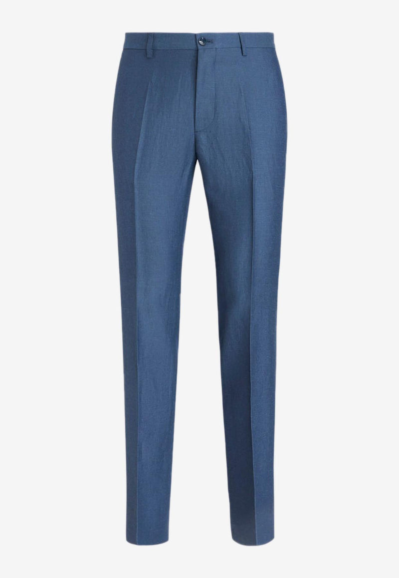 Etro Linen Blend Tailored Pants Blue 1W715-1057 0250