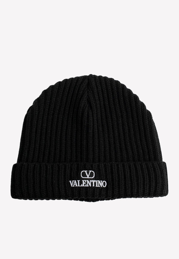 Valentino Logo Embroidered Wool Beanie Black 1Y2HB01DFDK 0NO