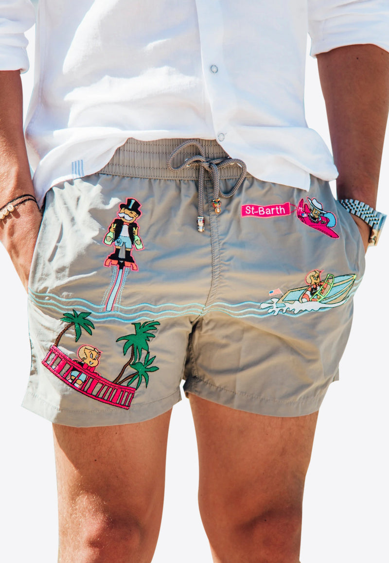 Les Canebiers Grey All-Over Saint-Barth Embroidered Swim Shorts All Over Saint Barth-Grey