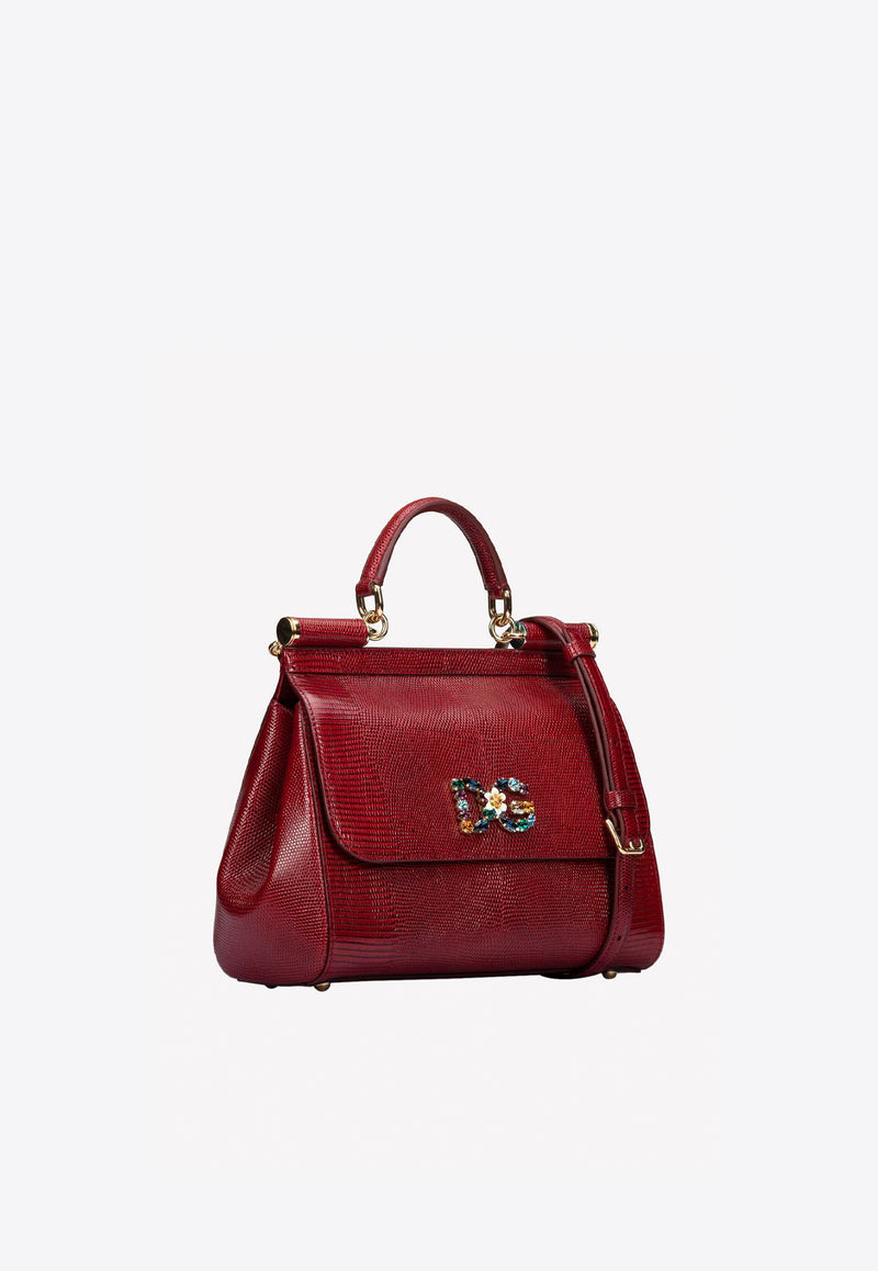 Dolce & Gabbana Medium Sicily Leather Top Handle Bag with DG Crystal Logo Red BB6002 AI742 87515