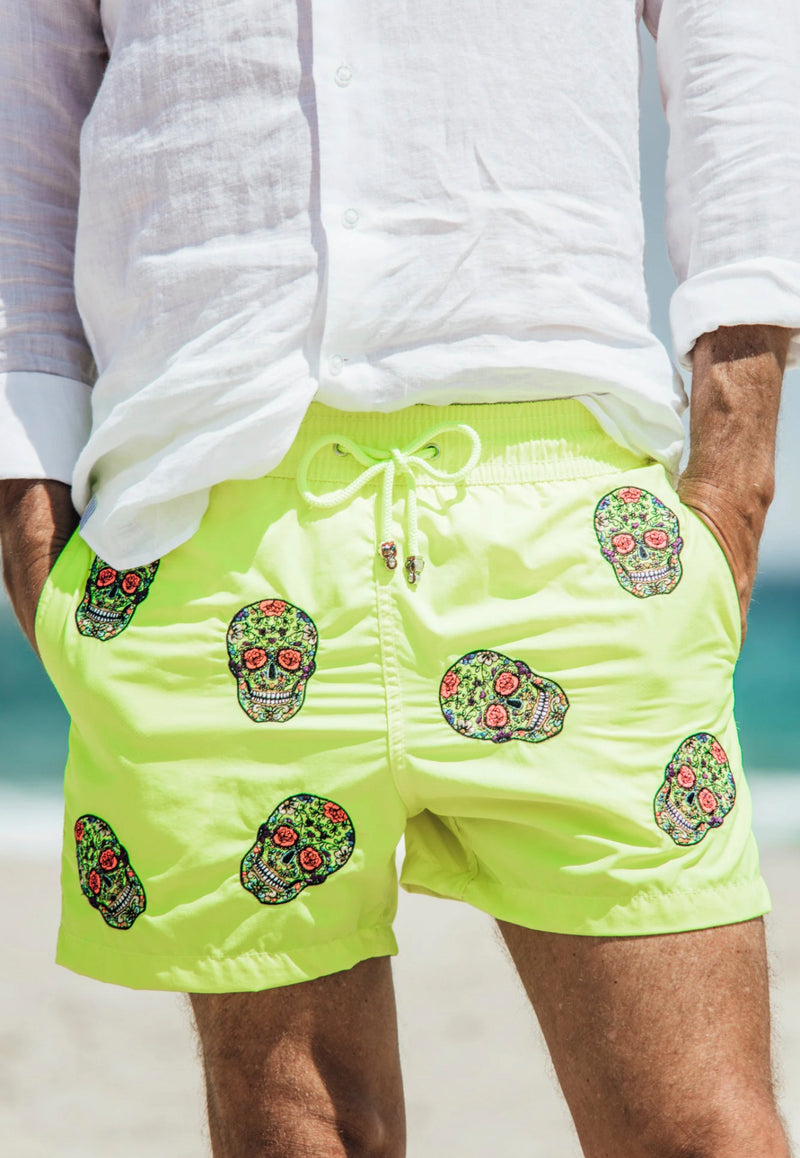 Les Canebiers Yellow Mexican Head Embroidery Swim Shorts All Over Mex-Yellow