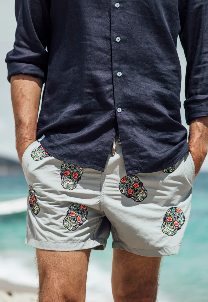 Les Canebiers Grey Mexican Head Embroidery Swim Shorts All Over Mex-Grey