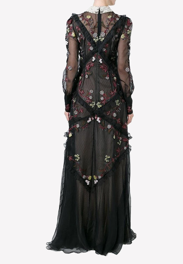 Erdem Floral Tulle Long Dress Black 20642BBEOSM000