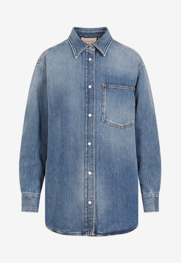 قميص جينز مبطن برقعة GG من Gucci - مزيج أزرق - 4447 Blue Mix