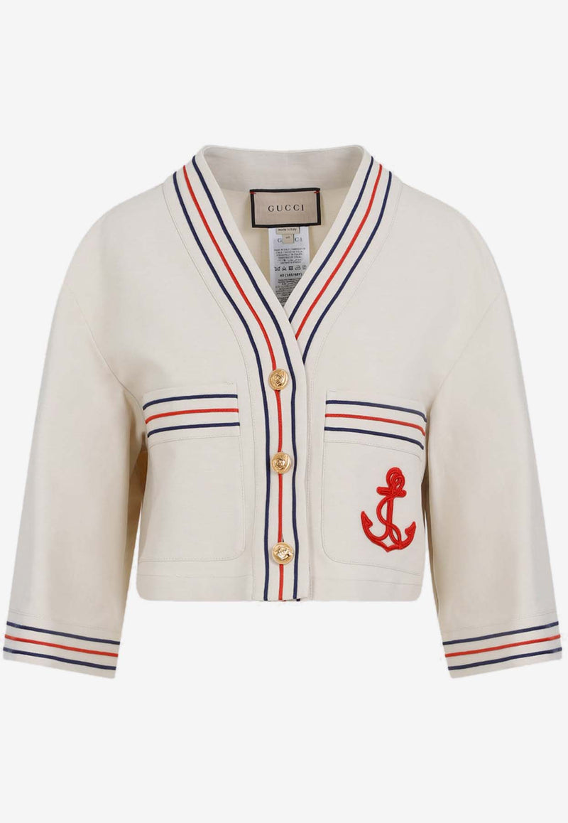Anchor-Embroidered Linen-Blend Cropped Jacket