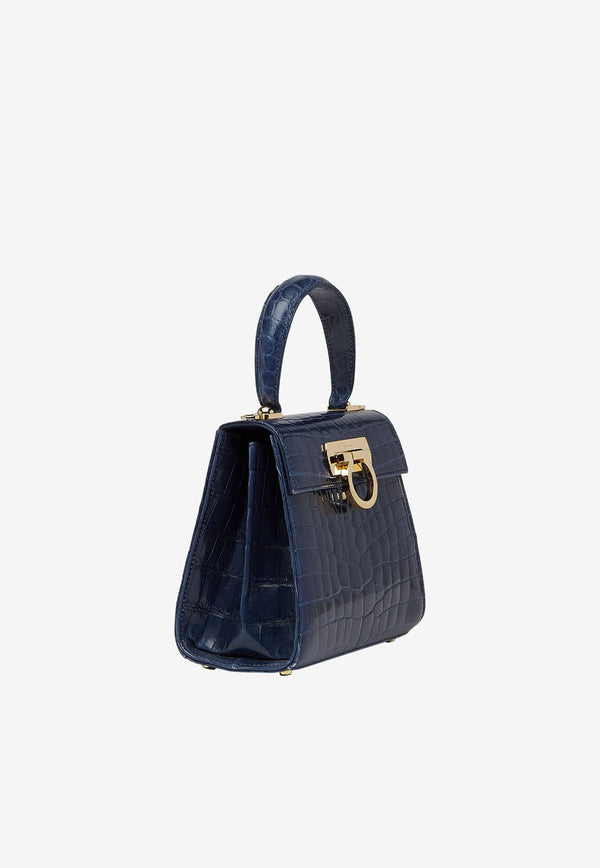 Salvatore Ferragamo Small Gancini Top Handle Bag in Croc-Embossed Leather Navy 212270 709932 BLUE/BEIGE