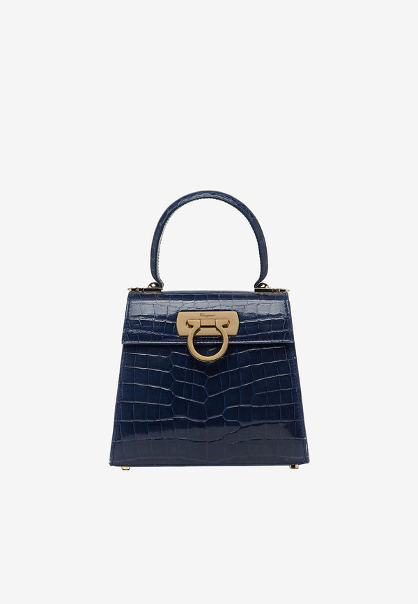 Salvatore Ferragamo Small Gancini Top Handle Bag in Croc-Embossed Leather Navy 212270 709932 BLUE/BEIGE