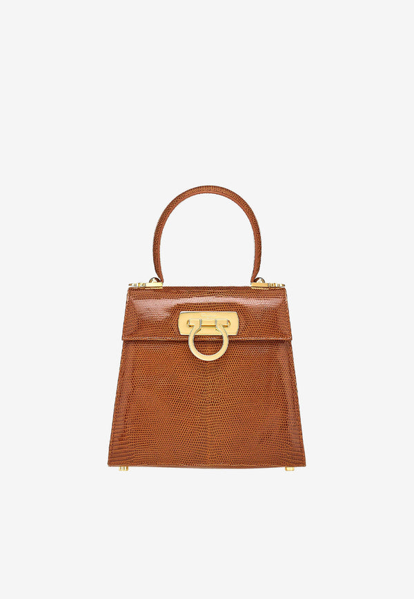 Salvatore Ferragamo Small Iconic Top Handle Bag in Lizard Leather  Brown 212270 748004 CUOIO