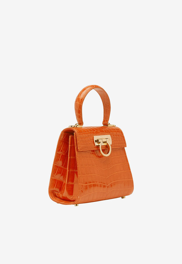 Salvatore Ferragamo Small Gancini Top Handle Bag in Croc-Embossed Leather Orange 212270 748756 ORANGE