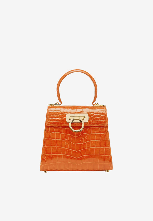Salvatore Ferragamo Small Gancini Top Handle Bag in Croc-Embossed Leather Orange 212270 748756 ORANGE