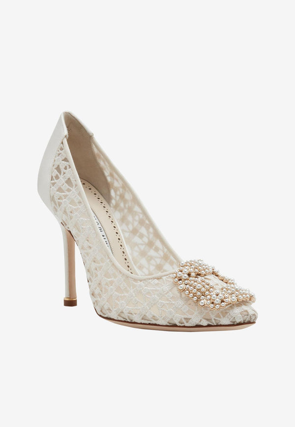 Manolo Blahnik Hangisi 105 Pearl Buckle Pumps in Lace White 222-1159-0001WHITE