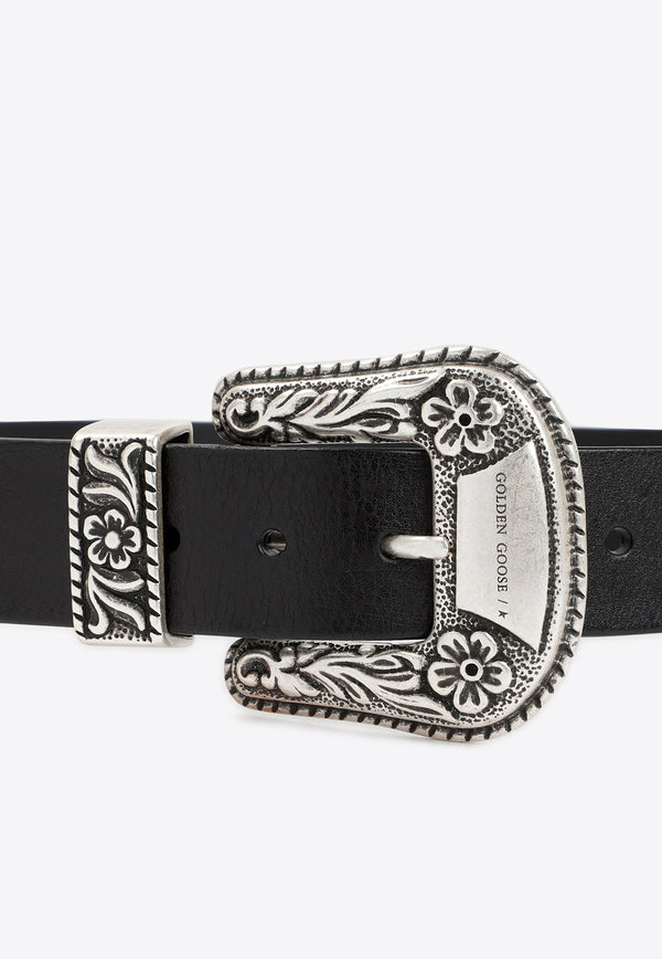 Floral-Buckled Calf Leather Belt