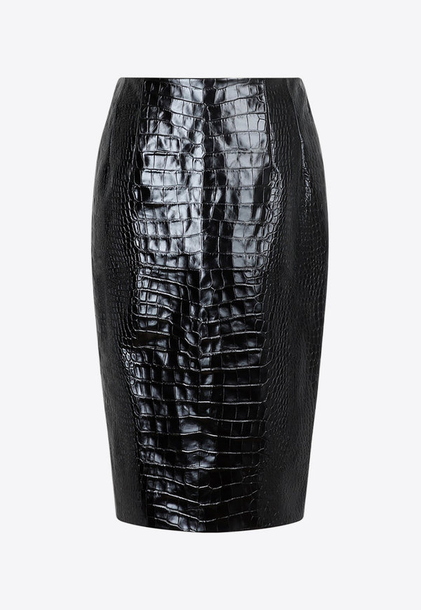 Pencil Skirt in Croc-Embossed Leather