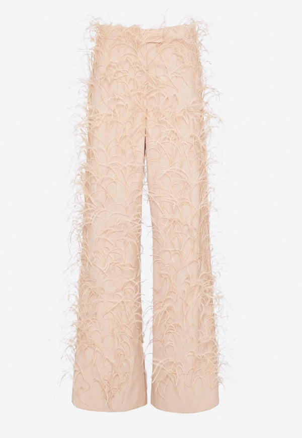 Valentino Feather-Embellished Wool Pants Sand 2B0RB5D474B S69