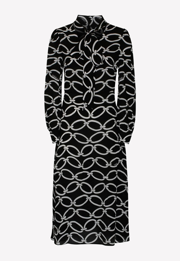 Valentino Logo Chain 1967 Silk Dress with Scarf Detail Black 2B3VA2K07N4 0NA