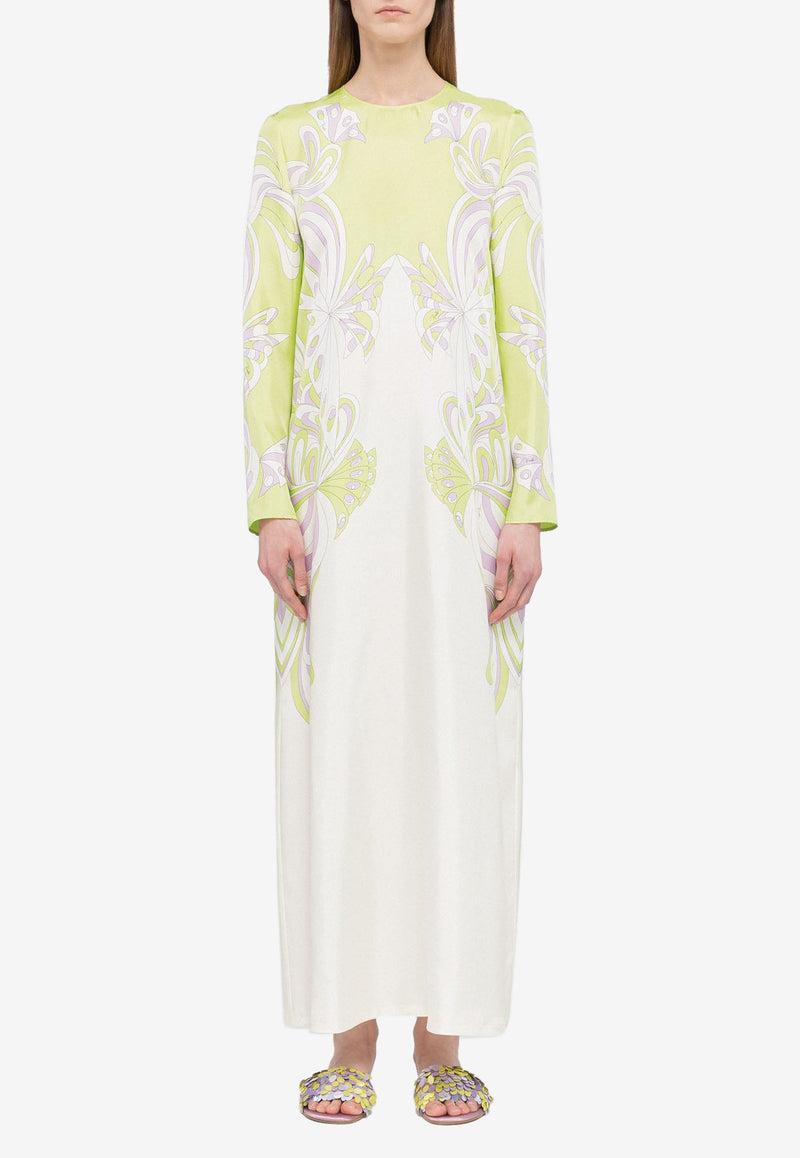 Emilio Pucci Farfelle Print Silk Twill Maxi Dress Green 2ERI10 2E821 021