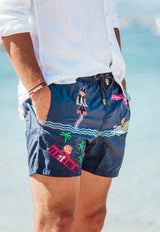 Les Canebiers Blue All-Over Saint-Barth Embroidered Swim Shorts All Over Saint Barth-Navy