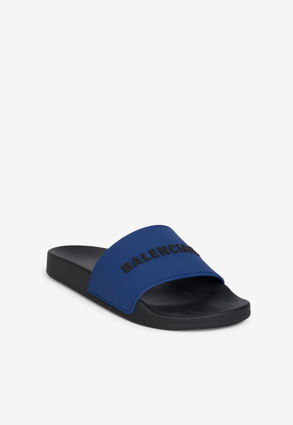 Balenciaga Logo Detail Pool Flat Slides in Rubber Blue 565547-W1S8A 4010