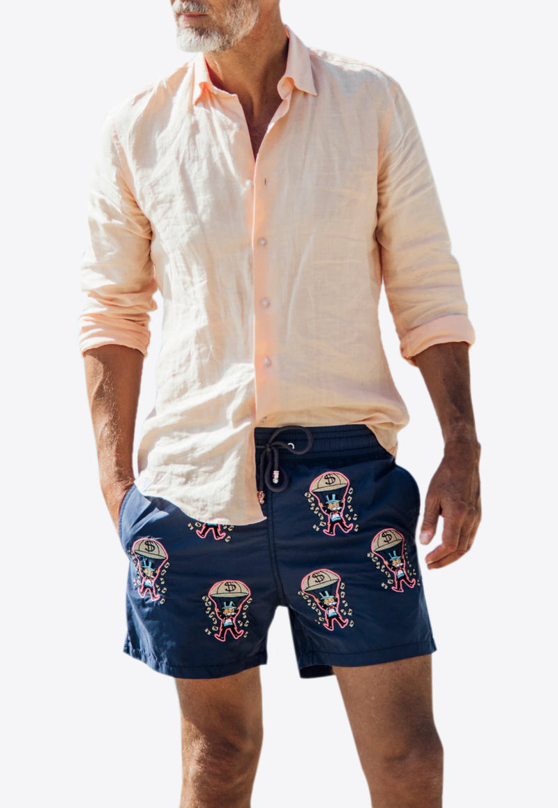 Les Canebiers Blue All-Over Golden Embroidered Swim Shorts All Over Golden-Navy