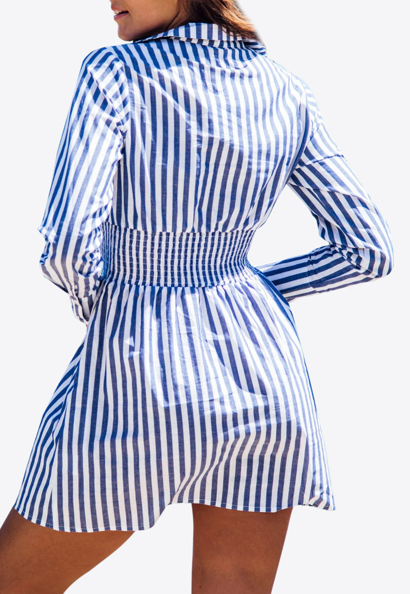 Les Canebiers Blue Vignes Elastic Waist Striped Mini Dress Vignes-Navy