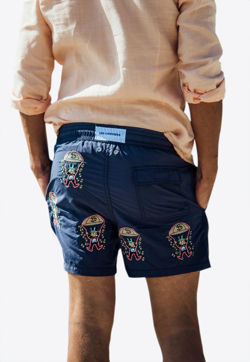 Les Canebiers Blue All-Over Golden Embroidered Swim Shorts All Over Golden-Navy