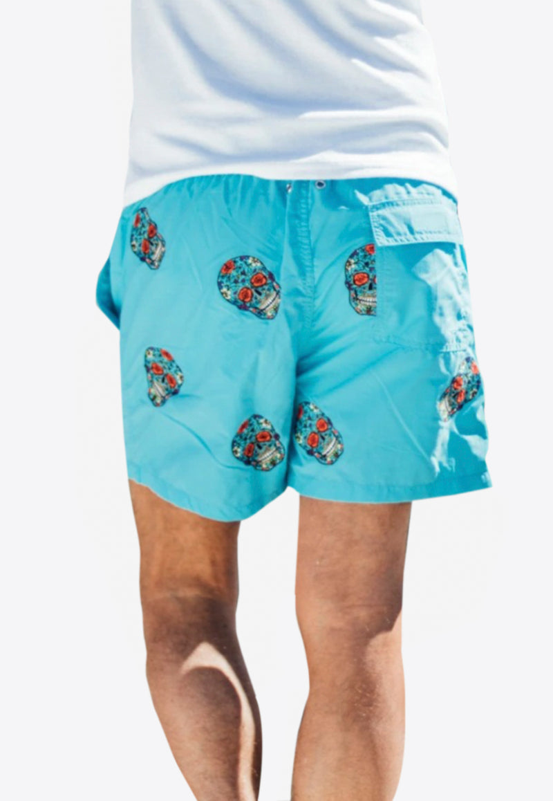 Les Canebiers Blue Mexican Head Embroidery Swim Shorts All Over Mex-Turqoise