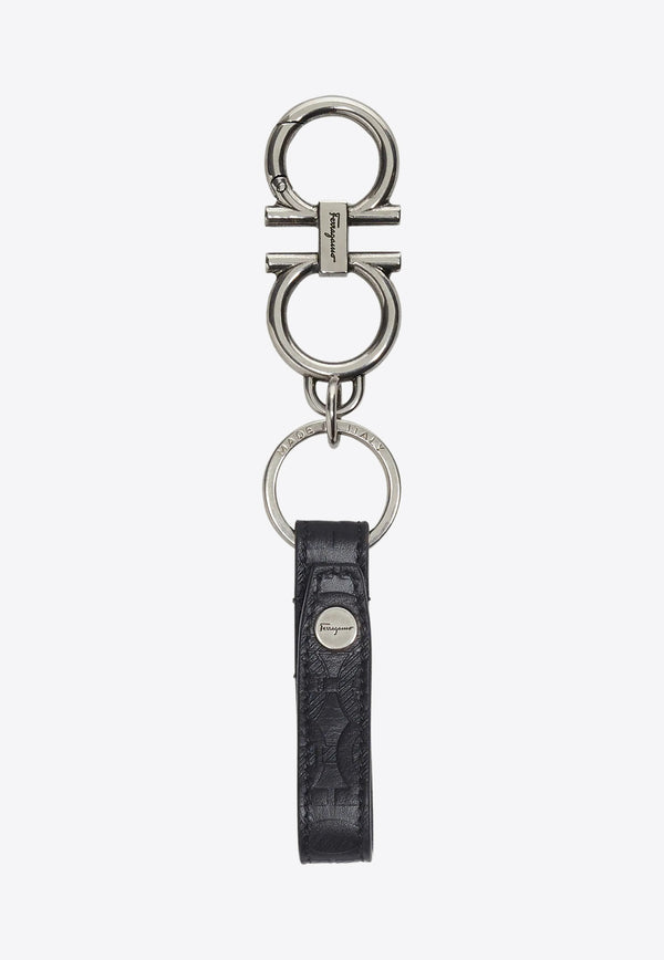 Salvatore Ferragamo Gancini Keychain with Hammered Leather strap Black 66A717 TRAVEL EMOSS 734082 NERO