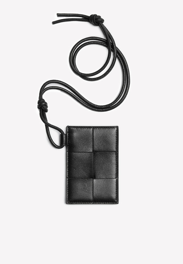 Bottega Veneta Badge Holder with Shoulder Strap in Intreccio Leather Black 701460VCQC4 8425
