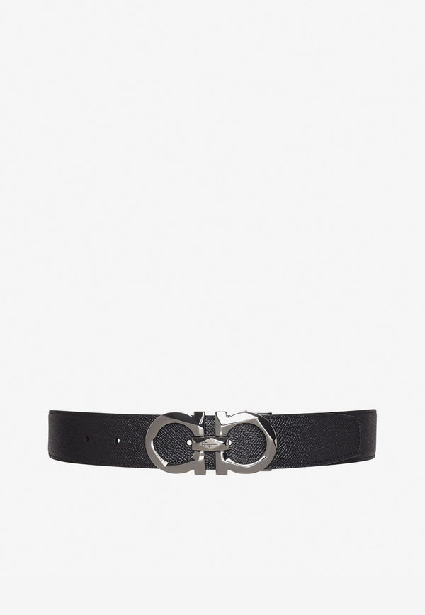 Salvatore Ferragamo Reversible Gancini Buckle Belt in Hammered Calfskin Black 67A161 DOUBLE ADJUS 725421 NERO