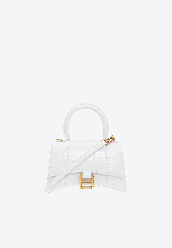 Balenciaga Hourglass XS Top Handle Bag in Croc Embossed Leather 592833 1LRGM-9016 White